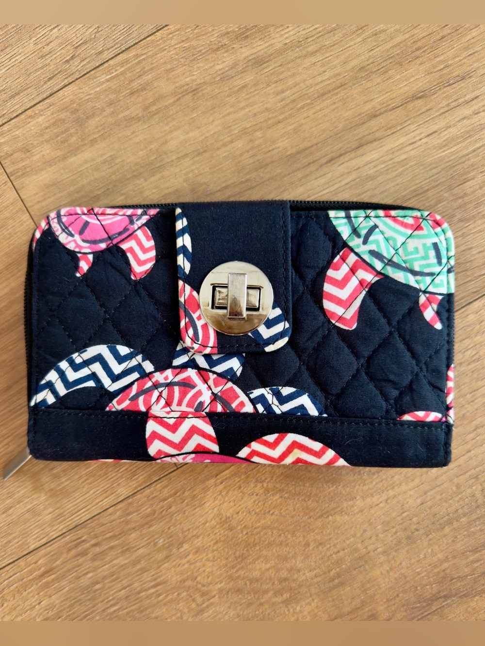 Quilted Navy Wallet with Multicolor Turtle Print and Turn-Lock Closure
